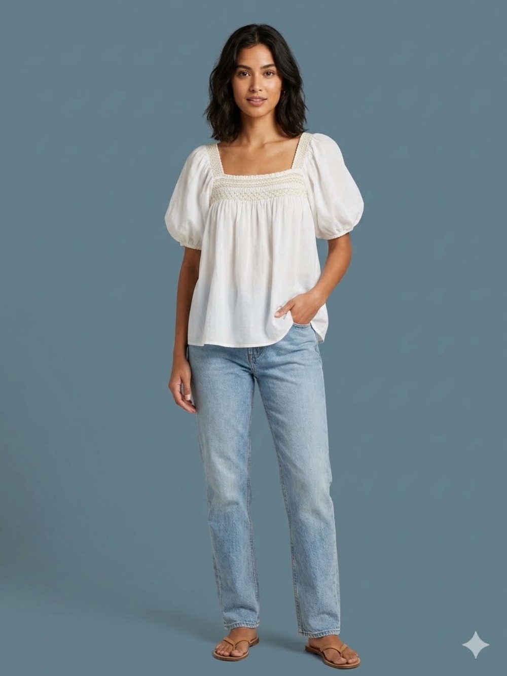 Anthropologie Cream Puff-Sleeve Smocked Square-Neck Blouse